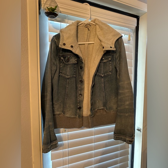 Free People - Blue Denim Jacket with attached Gray Hoodie - Picture 3 of 4